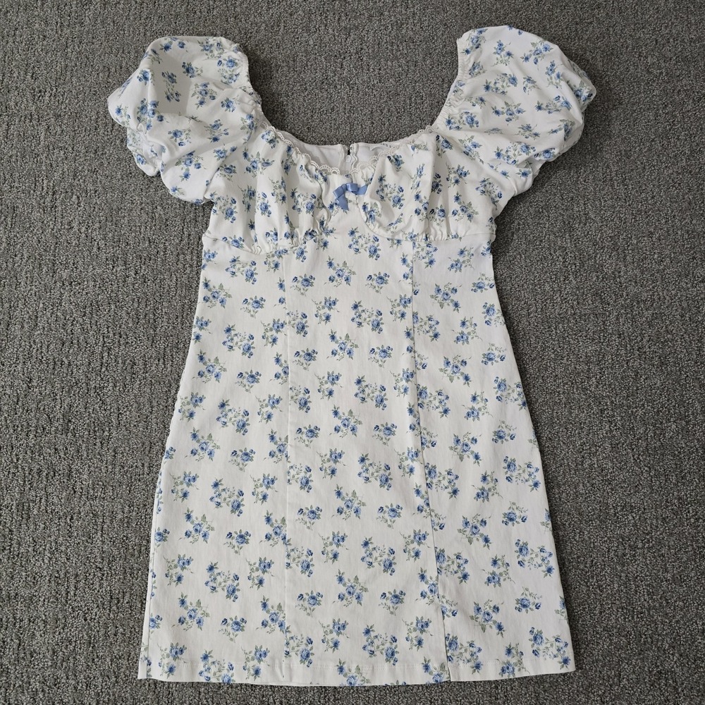 Altar'd State Blue Floral Puff Sleeve Mini Dress Womens XL Cottagecore